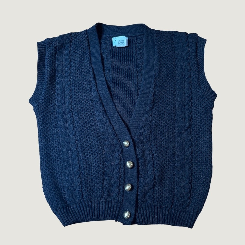 Koret Sweater Vest Women Black Cable Knit Vintage Gold Button SIZE Small